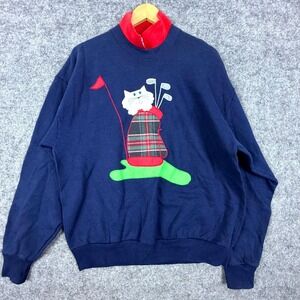 Vintage Just Ducky Sweatshirt Large Blue Embroidered Golf Cat Grandpa Grandma